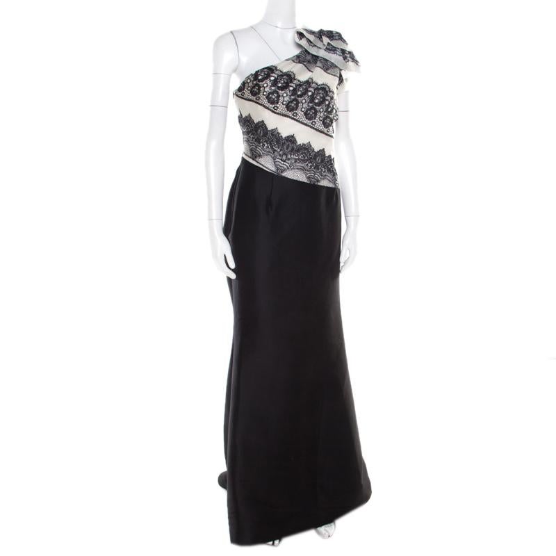 Black Carolina Herrera Monochrome Lace Print Silk One Shoulder Evening Gown L