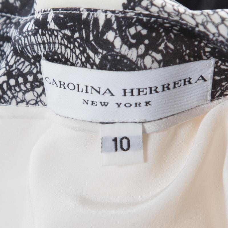 Women's Carolina Herrera Monochrome Lace Print Silk One Shoulder Evening Gown L