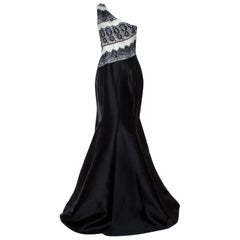 Carolina Herrera Monochrome Lace Print Silk One Shoulder Evening Gown M