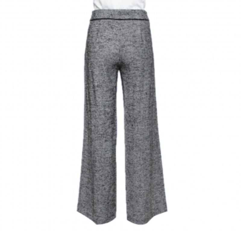 Gray Carolina Herrera Monochrome Striped Wool High Waist Straight Leg Trousers S For Sale