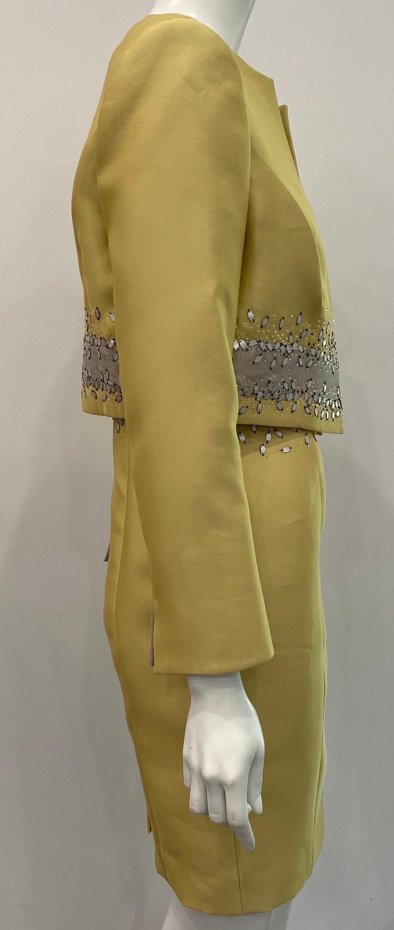 Brown Carolina Herrera Mustard Beaded Silk Sleeveless Dress with Jacket- Sz 10