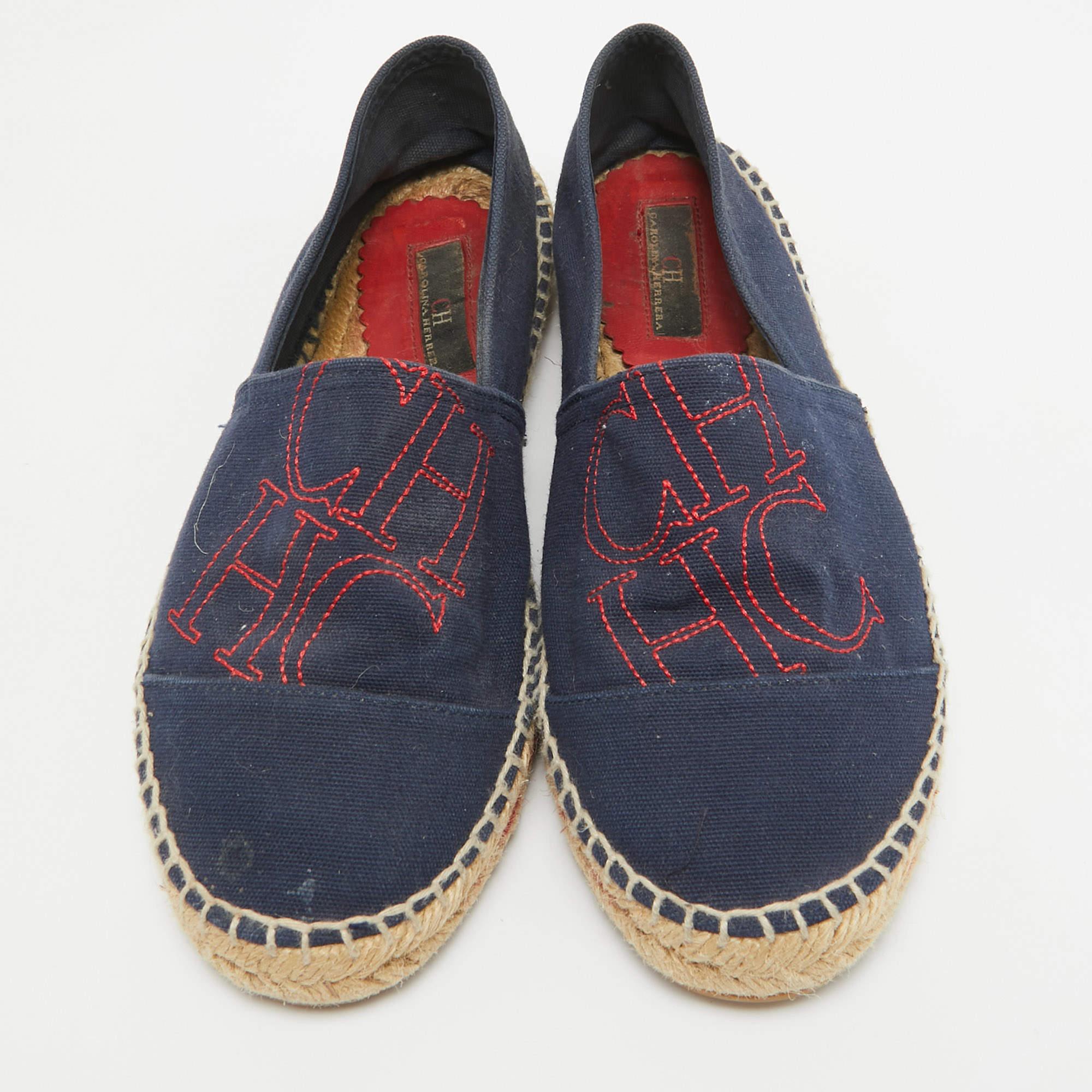 Black Carolina Herrera Navy Blue Canvas Espadrille Slip On Loafers Size 40 For Sale