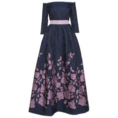 Carolina Herrera Navy Blue Floral Jacquard Off Shoulder Gown L