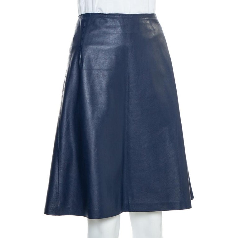 Carolina Herrera Navy Blue Leather A-Line Skirt L at 1stDibs