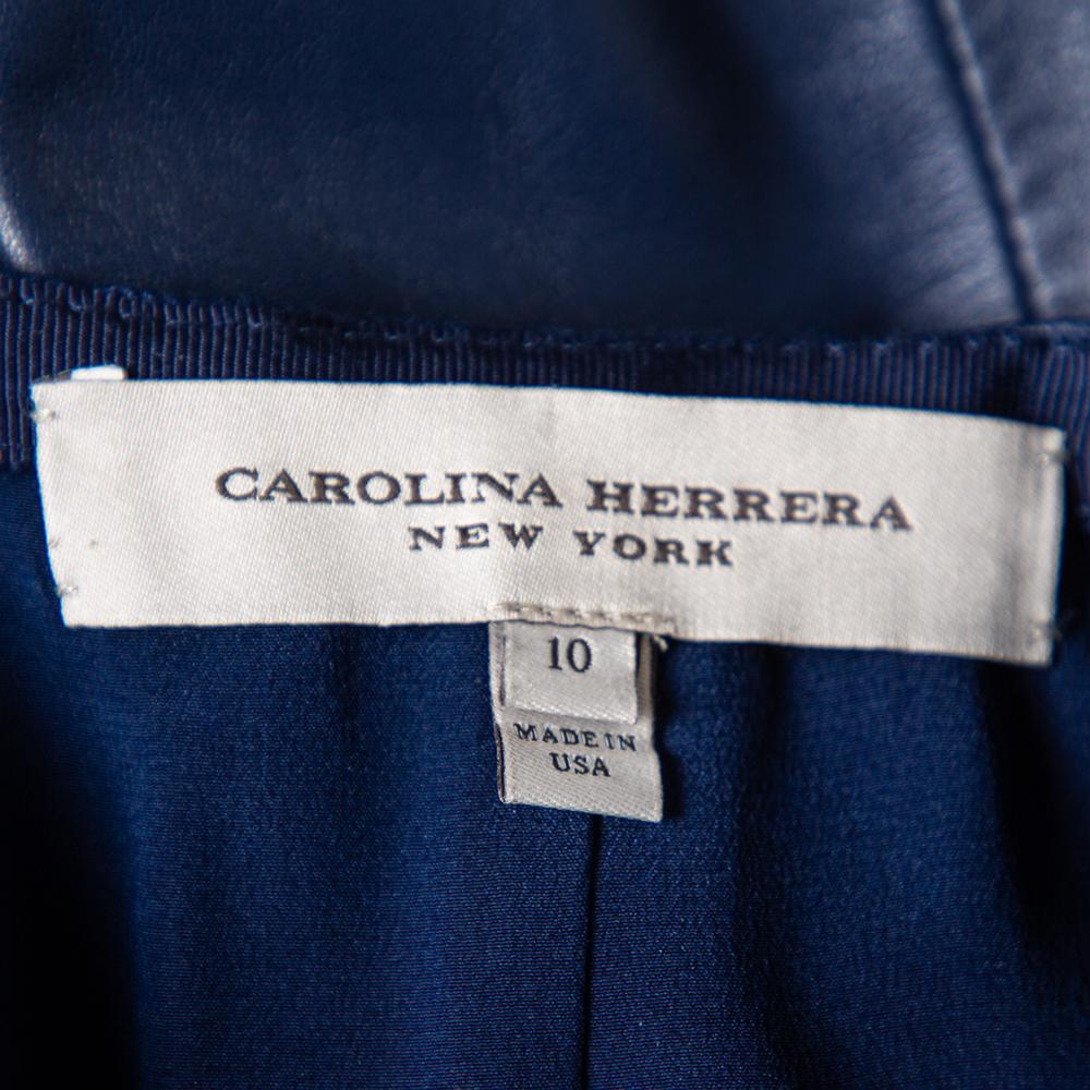 Carolina Herrera Navy Blue Leather A-Line Skirt L 1