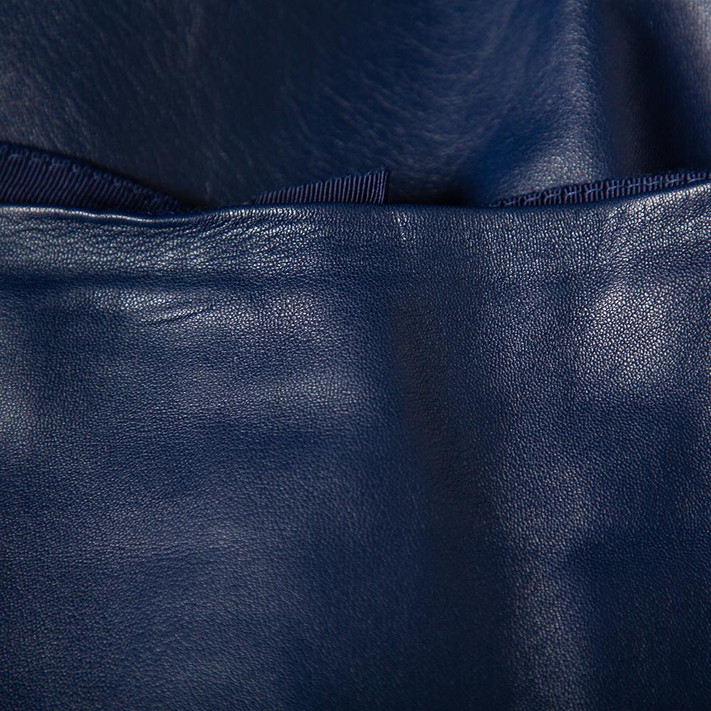 Carolina Herrera Navy Blue Leather A-Line Skirt L 2