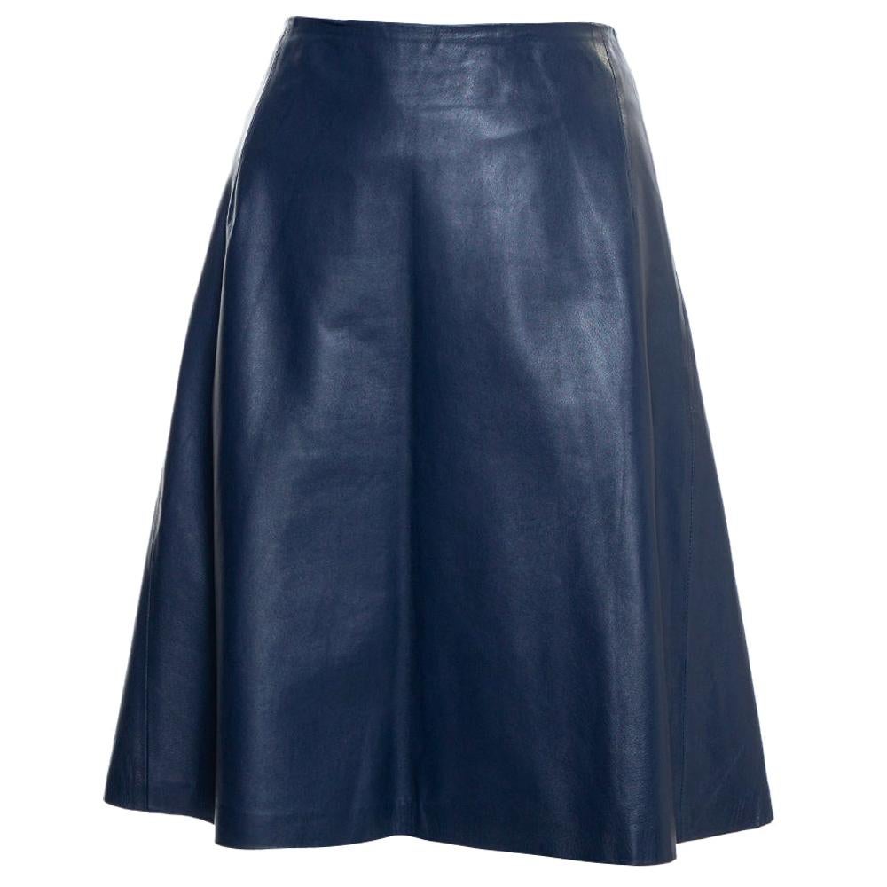 Carolina Herrera Navy Blue Leather A-Line Skirt L