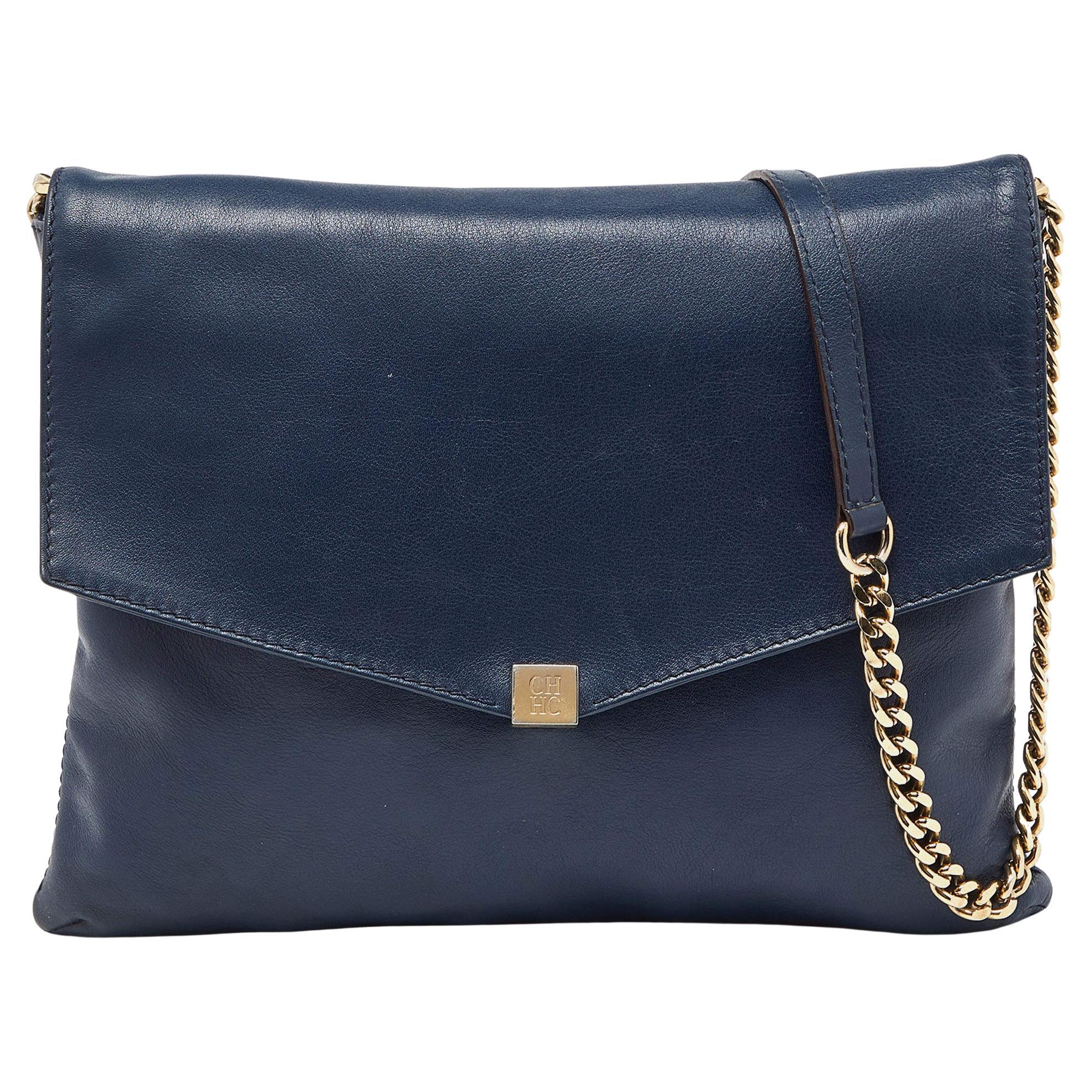Carolina Herrera Navy Blue Leather Envelope Chain Shoulder Bag For Sale