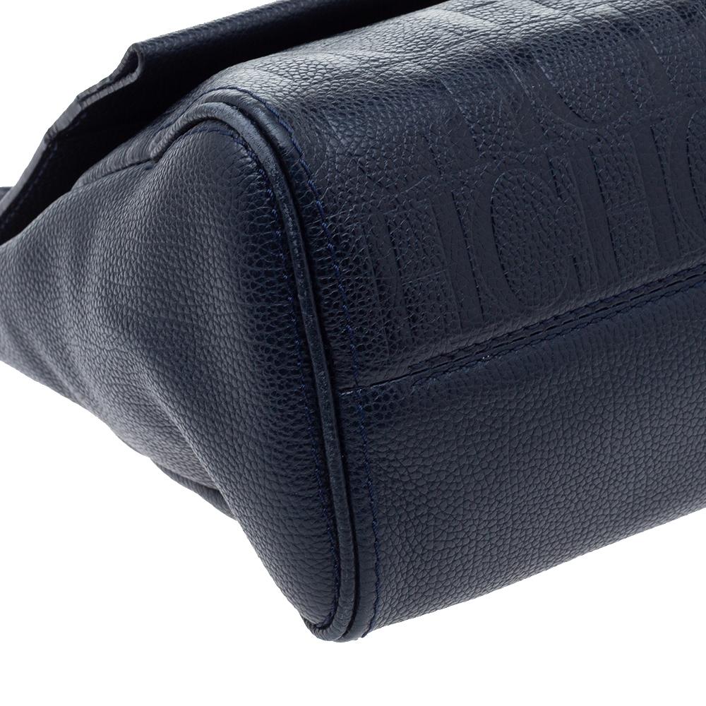 Carolina Herrera Navy Blue Leather Minuetto Flap Top Handle Bag In Good Condition In Dubai, Al Qouz 2