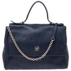 Carolina Herrera Navy Blue Leather Minuetto Flap Top Handle Bag