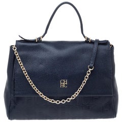 Carolina Herrera Navy Blue Leather Minuetto Flap Top Handle Bag