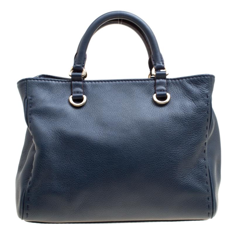 Black Carolina Herrera Navy Blue Leather Top Handle Bag