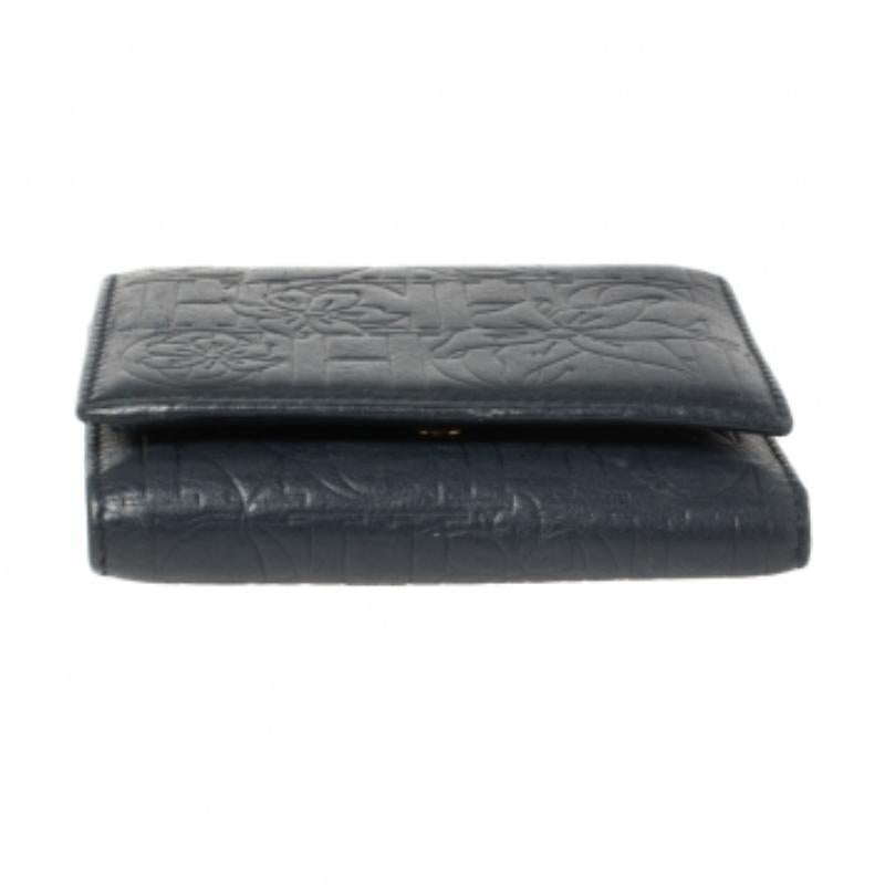 Black Carolina Herrera Navy Blue Monogram Leather Trifold Compact Wallet For Sale