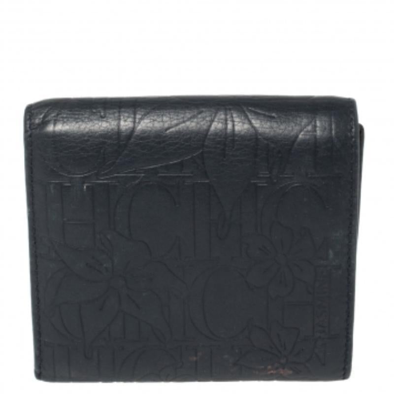 Carolina Herrera Navy Blue Monogram Leather Trifold Compact Wallet For Sale 1