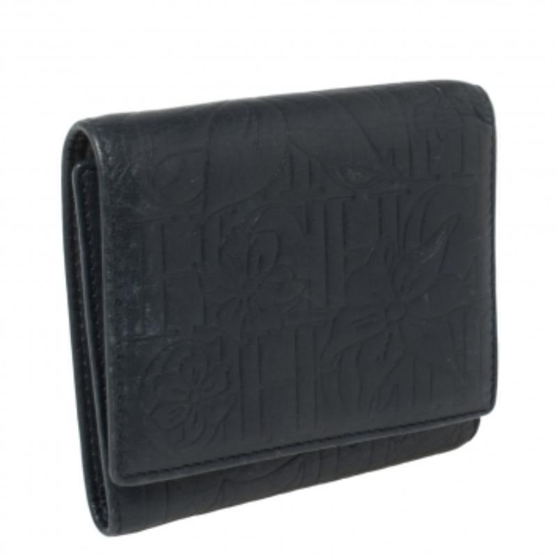 Carolina Herrera Navy Blue Monogram Leather Trifold Compact Wallet For Sale 2