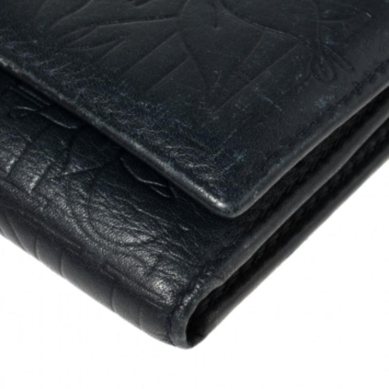 Carolina Herrera Navy Blue Monogram Leather Trifold Compact Wallet For Sale 3