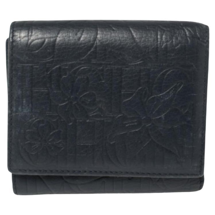 Carolina Herrera Navy Blue Monogram Leather Trifold Compact Wallet For Sale