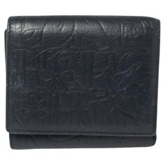 Carolina Herrera Navy Blue Monogram Leather Trifold Compact Wallet