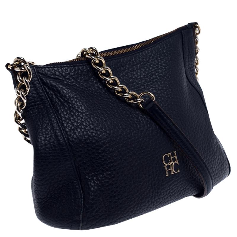 Carolina Herrera Navy Blue Pebbled Leather Maria Shoulder Bag In Good Condition In Dubai, Al Qouz 2
