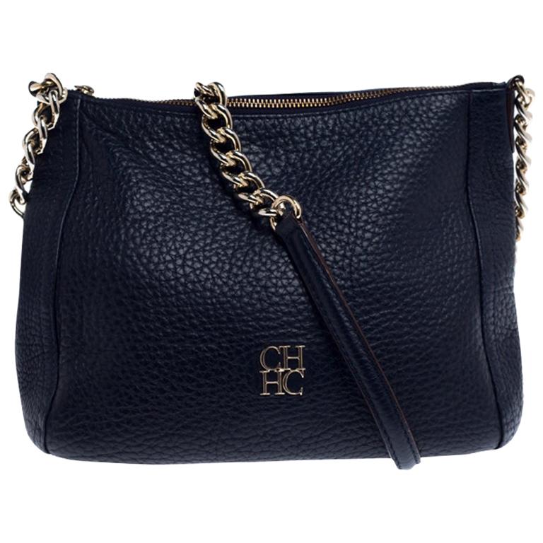 Carolina Herrera Navy Blue Pebbled Leather Maria Shoulder Bag