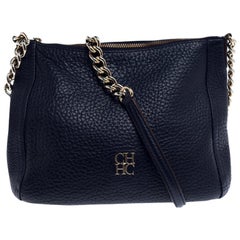 Carolina Herrera Navy Blue Pebbled Leather Maria Shoulder Bag