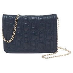 Carolina Herrera Navy Blue Quilted Leather Flap Chain Clutch