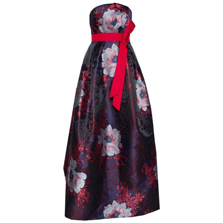 Carolina Herrera Navy Blue and Red Floral Jacquard Strapless Dress M at ...