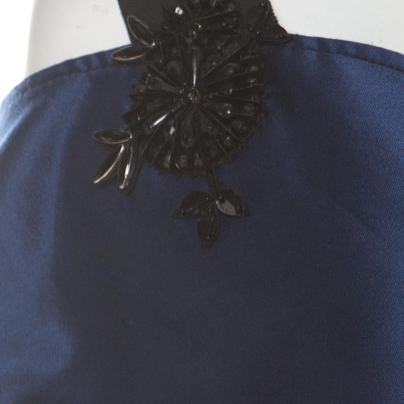 Carolina Herrera Navy Blue Silk Blend Embellished Strap Evening Gown S In Good Condition In Dubai, Al Qouz 2