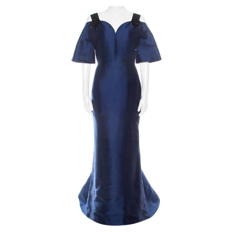 Carolina Herrera Navy Blue Silk Blend Embellished Strap Evening Gown S