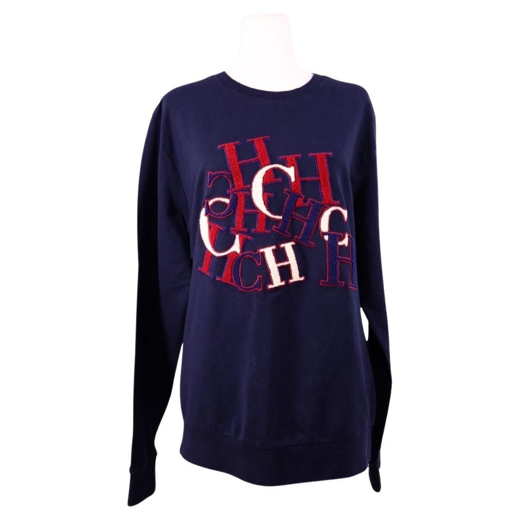 Carolina Herrera Navy Logo Embroidered Sweatshirt - XL For Sale