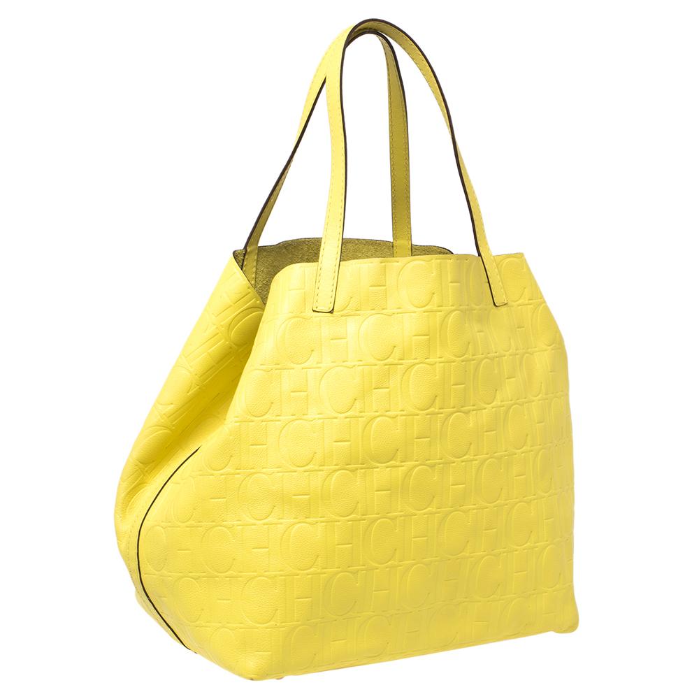 Women's Carolina Herrera Neon Yellow Embossed Leather Matryoshka Tote