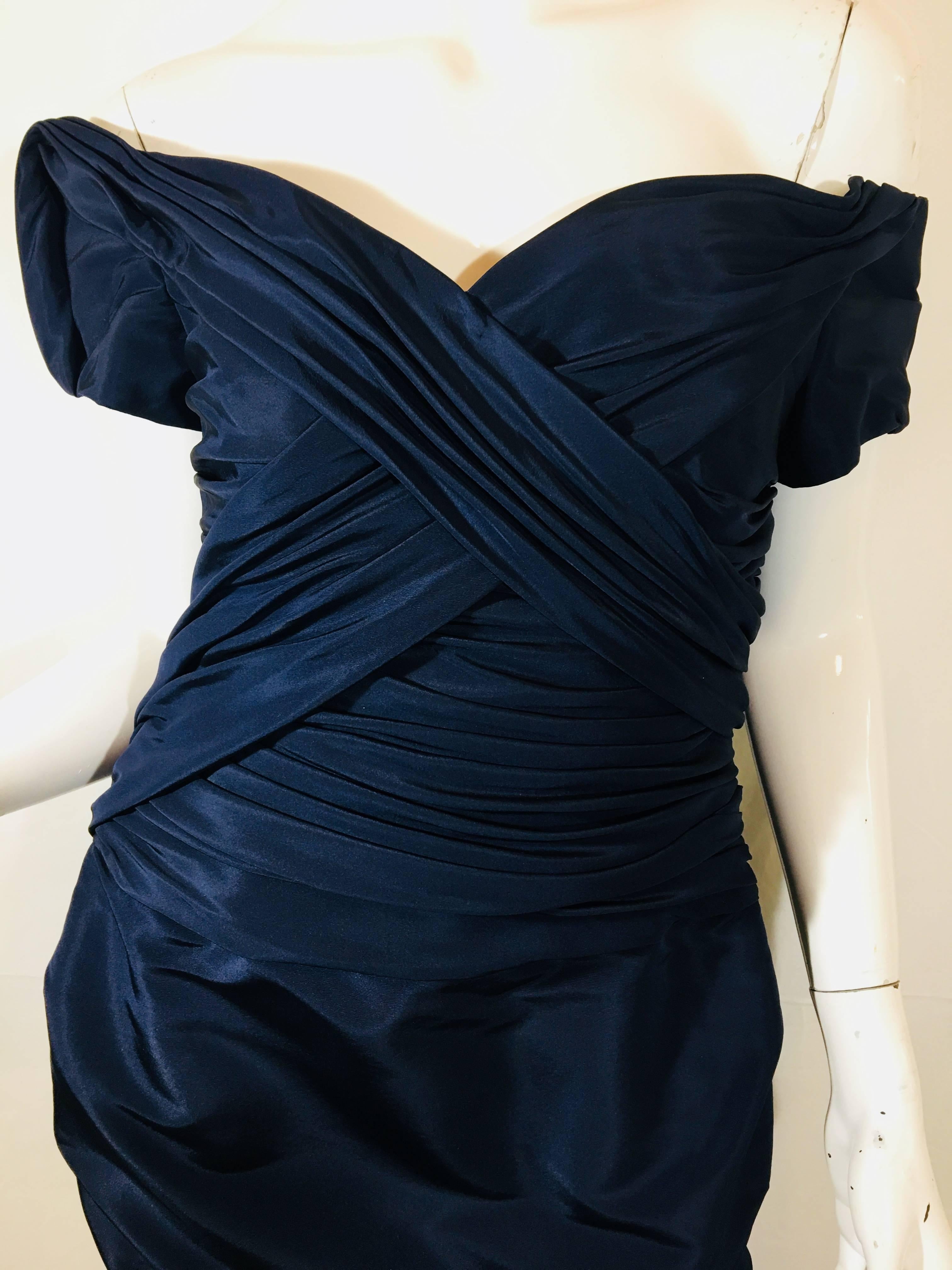 Carolina Herrera Off the Shoulder Dress in Navy Blue Silk with Ruched Bodice and Back Zipper.