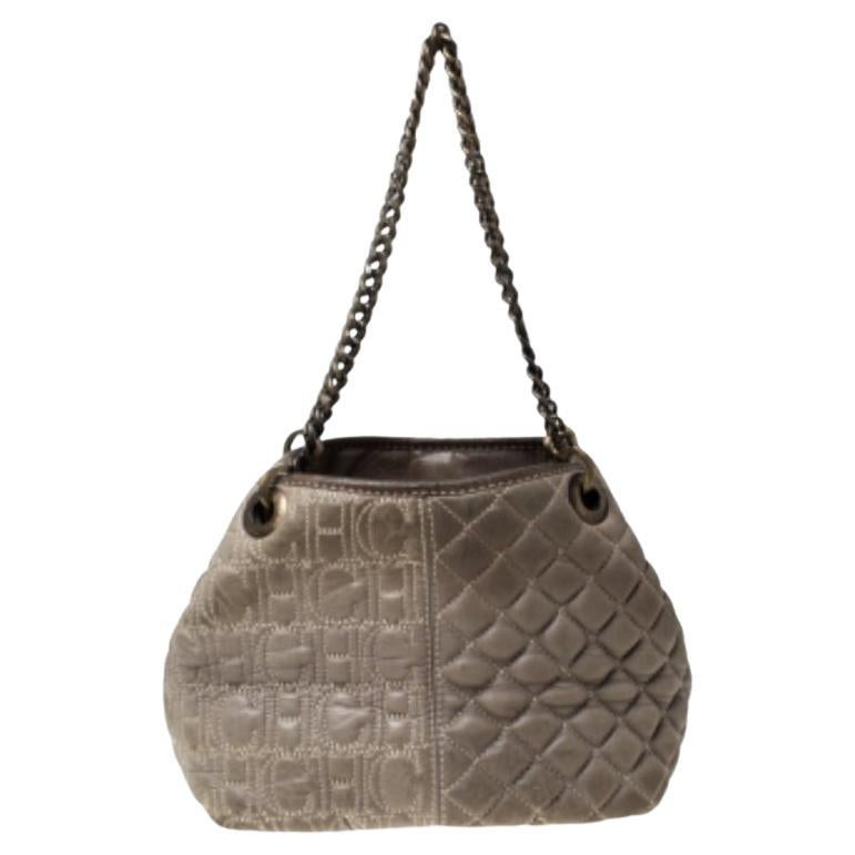 Carolina Herrera Olive Green Monogram Leather Chain Tote