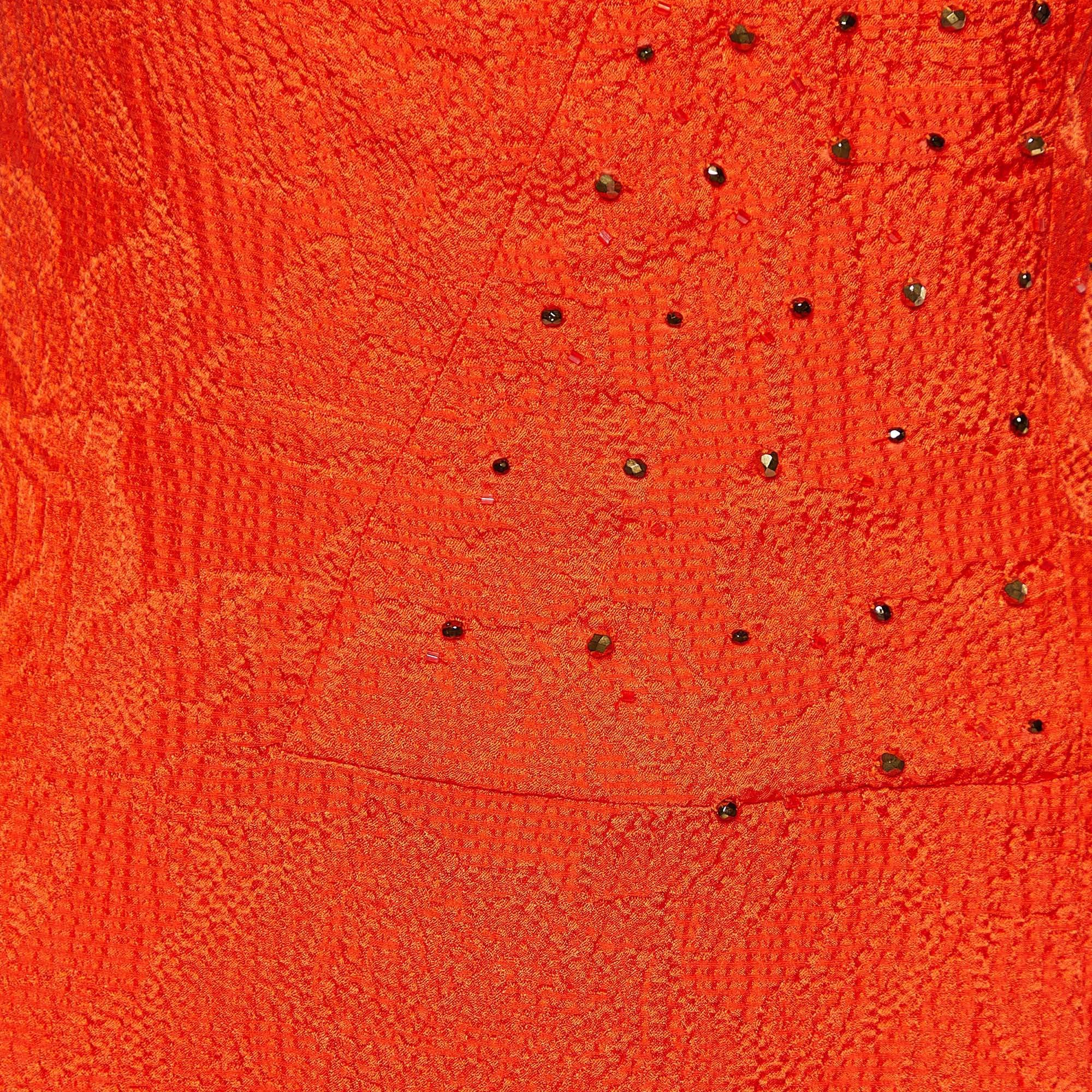 Red Carolina Herrera Orange Crinkled Silk Embellished Maxi Dress S For Sale