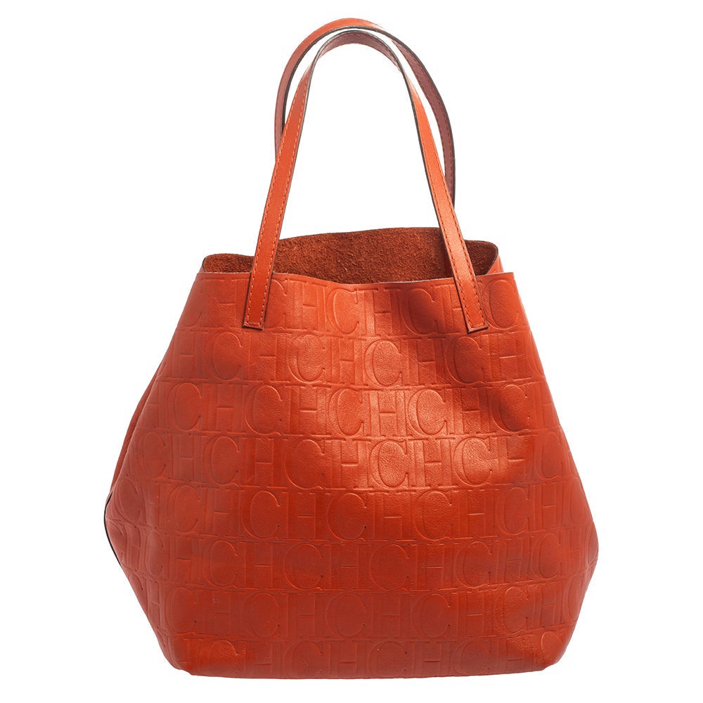 Carolina Herrera Orange Monogram Embossed Leather Matryoshka Tote