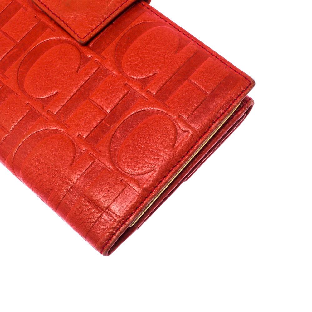 Carolina Herrera Orange Monogram Leather Flap Wallet In Good Condition In Dubai, Al Qouz 2