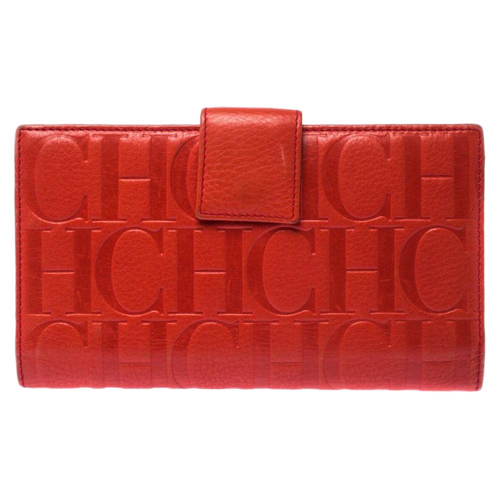 Carolina Herrera Orange Monogram Leather Flap Wallet