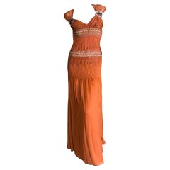 Used Carolina Herrera Orange Silk Embellished Evening Gown Size 4