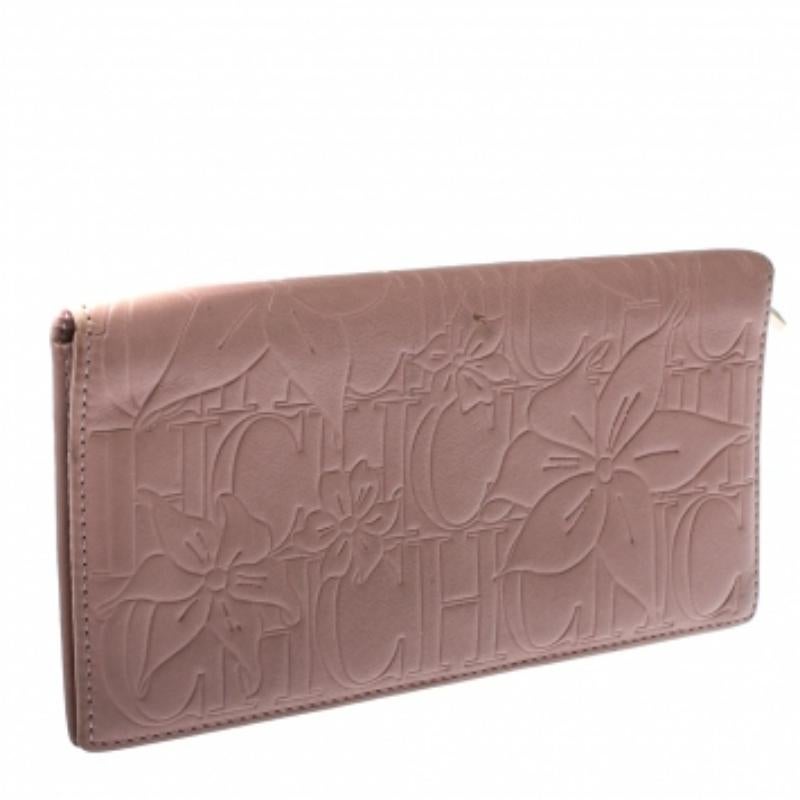 Carolina Herrera Pink Embossed Leather Continental Wallet For Sale 4