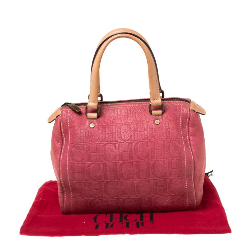 Carolina Herrera Pink Monogram Leather Andy Boston Bag For Sale 7