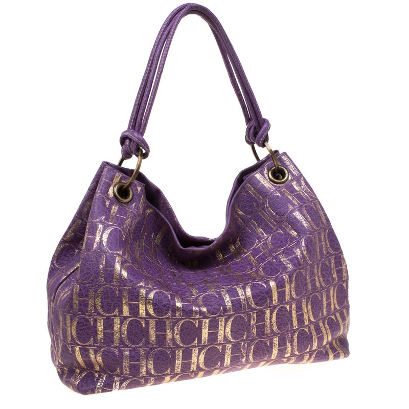 Gray Carolina Herrera Purple/Gold Monogram Leather Hobo