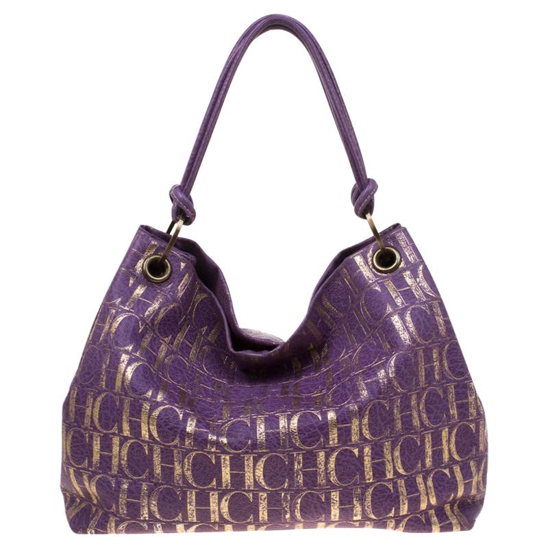 Carolina Herrera Purple/Gold Monogram Leather Hobo