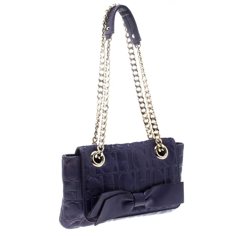 Black Carolina Herrera Purple Monogram Leather Audrey Shoulder Bag