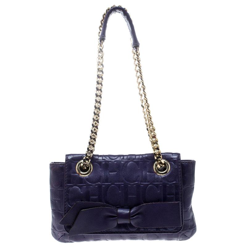 Carolina Herrera Purple Monogram Leather Audrey Shoulder Bag