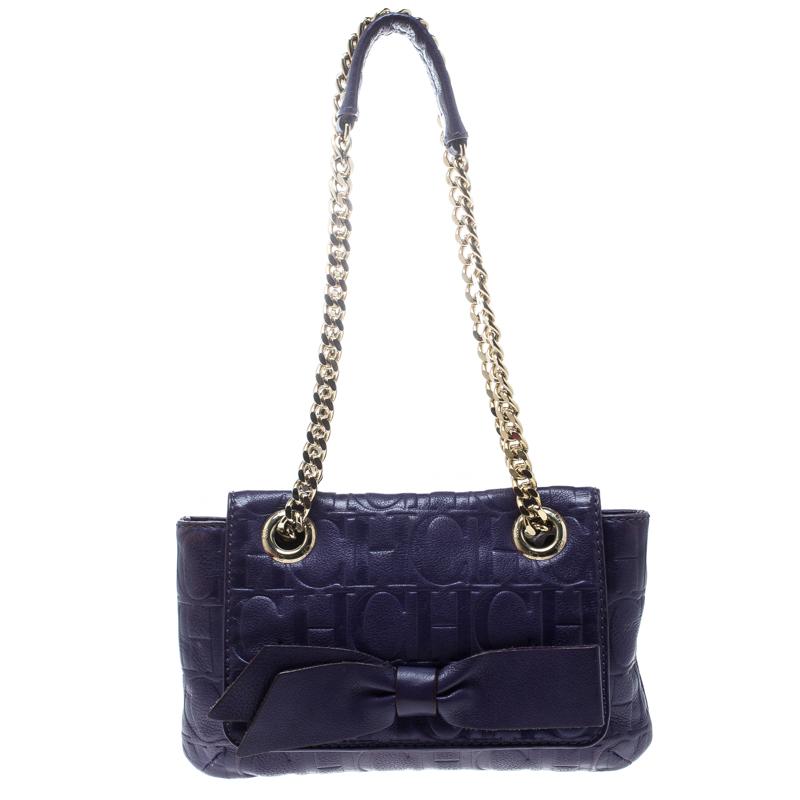 Carolina Herrera Purple Monogram Leather Audrey Shoulder Bag