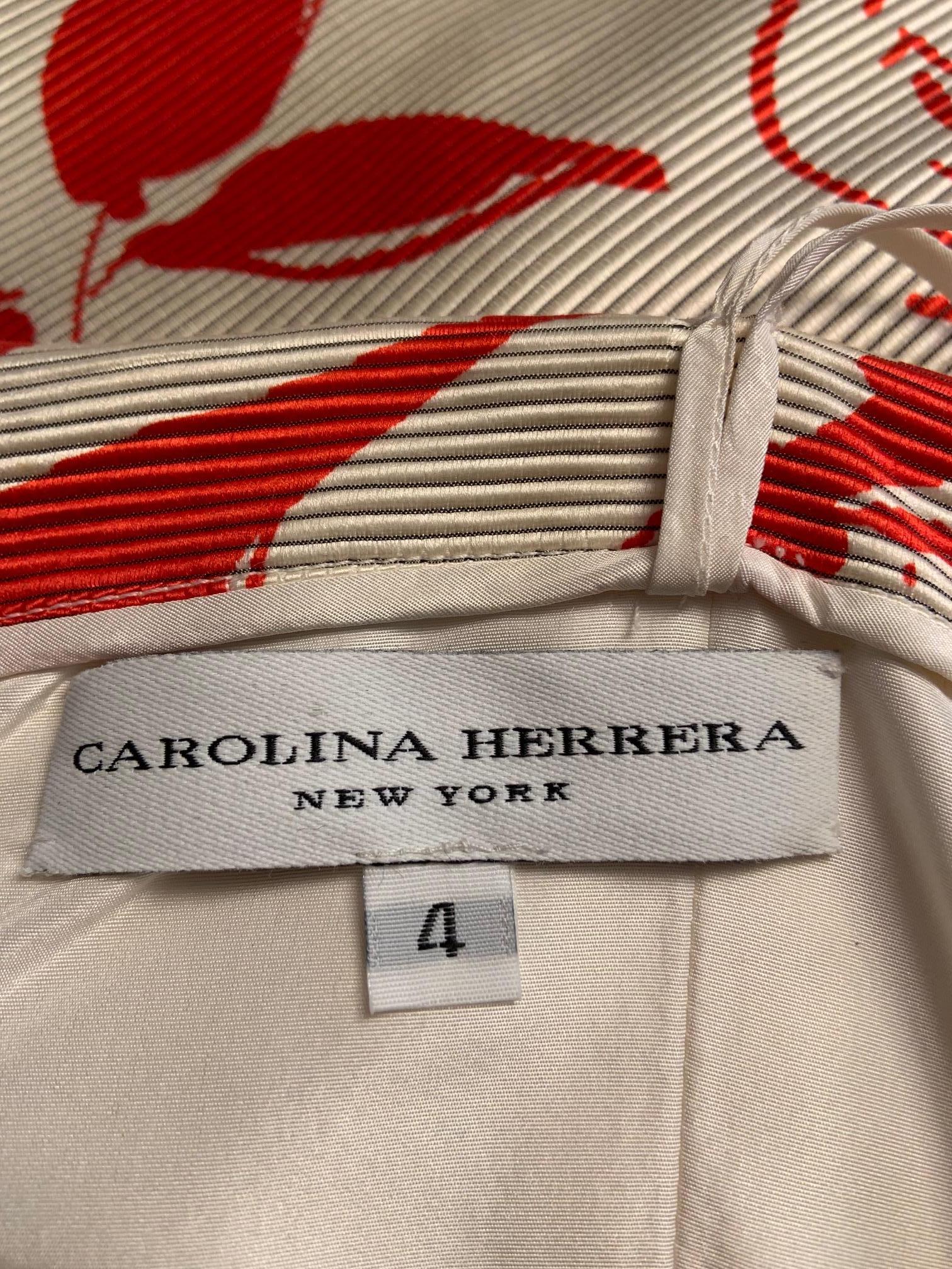 Carolina Herrera Red and White Print Silk Ottoman Strapless Cocktail Dress in vendita 11