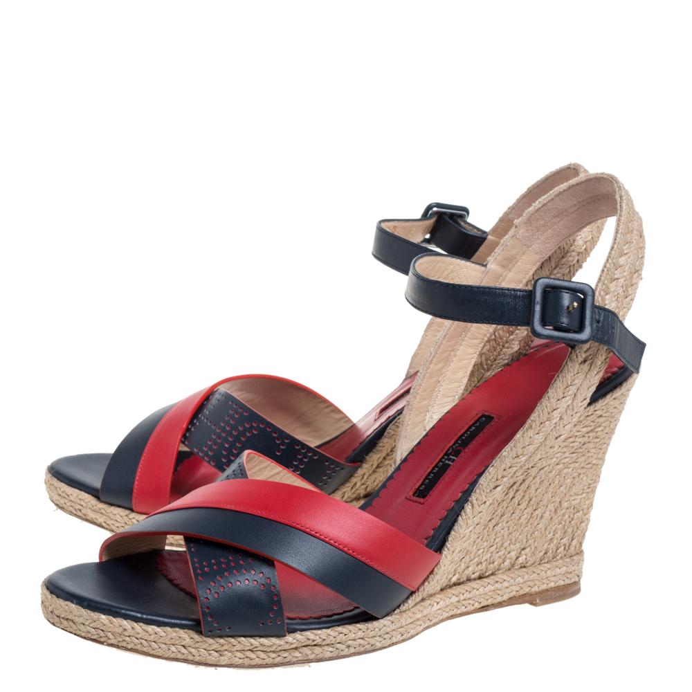 Brown Carolina Herrera Red Black Leather Criss Cross Wedge Ankle Strap Sandals Size 41