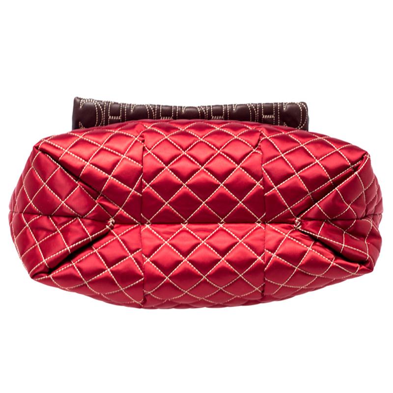 Carolina Herrera Red/Brown Quilted Satin and Leather Logo Pocket Shoulder Bag 6