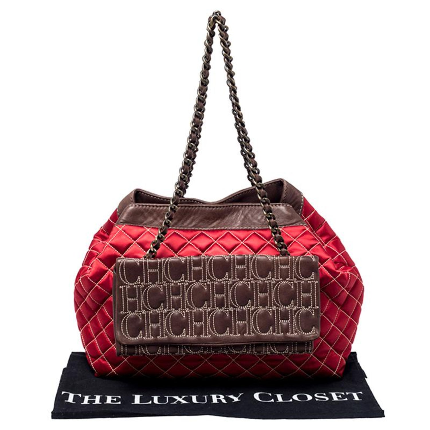 Carolina Herrera Red Brown Quilted Satin And Leather Logo Pocket Shoulder Bag For Sale At 1stdibs