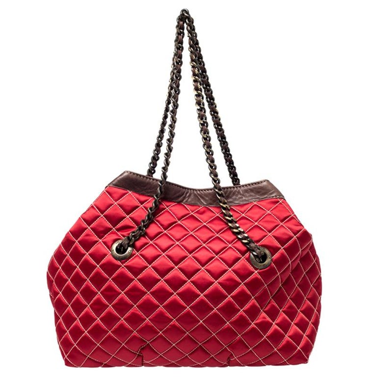 Carolina Herrera Red/Brown Quilted Satin and Leather Logo Pocket